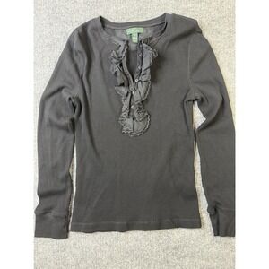 LRL Ralph Lauren Women's Black Ruffle Front Stretch Medium Long Sleeve Top